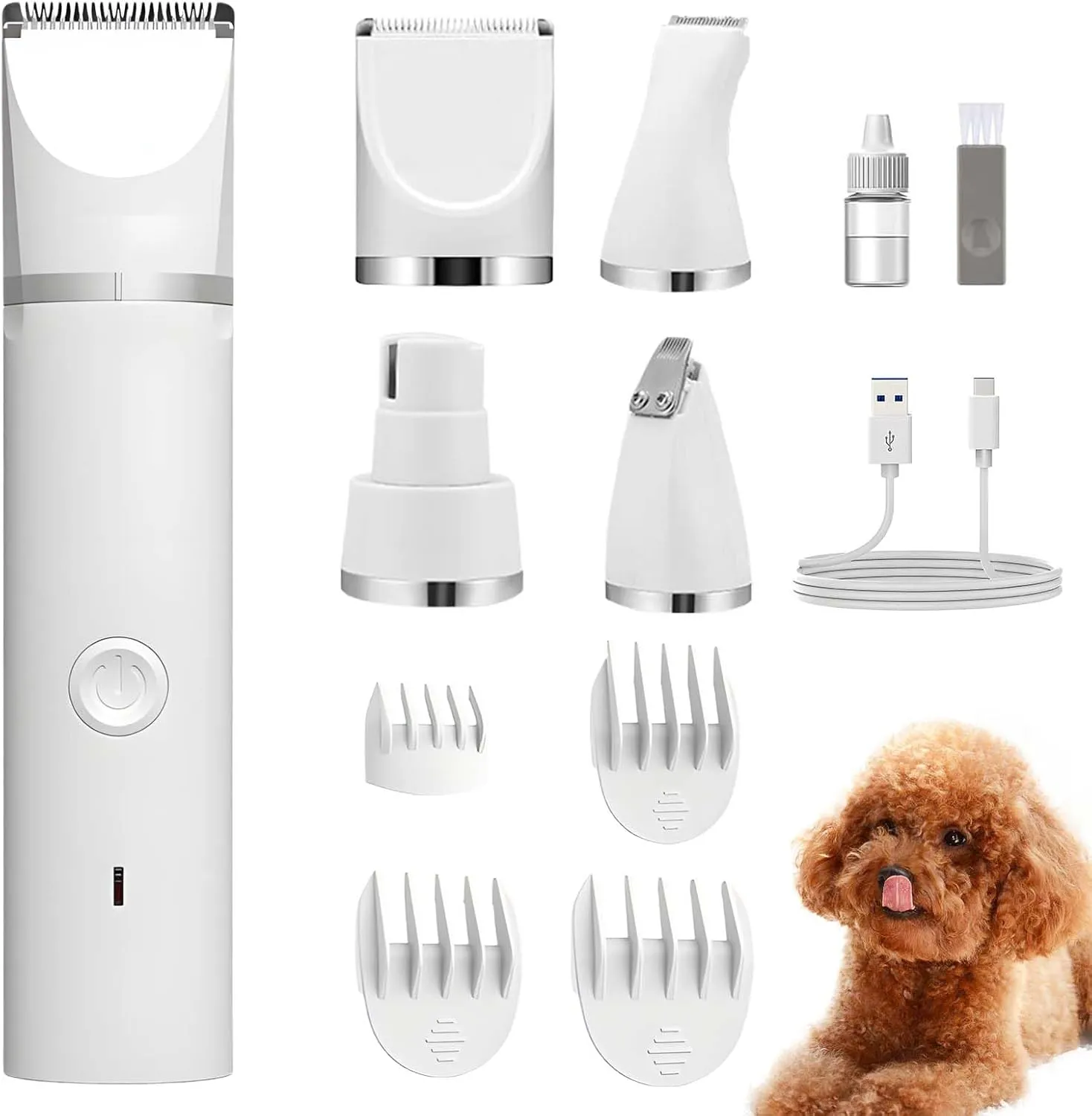 Dog Clippers Grooming Kit, 4 in 1 Cordless Electric Trimmer with Nail Grinder, Dog Paw Trimmer with Low Noise USB Pet Clippers for Dogs Cat,Grooming Paws, Eyes, Ears, Face,Matted Hair (1 Pack)