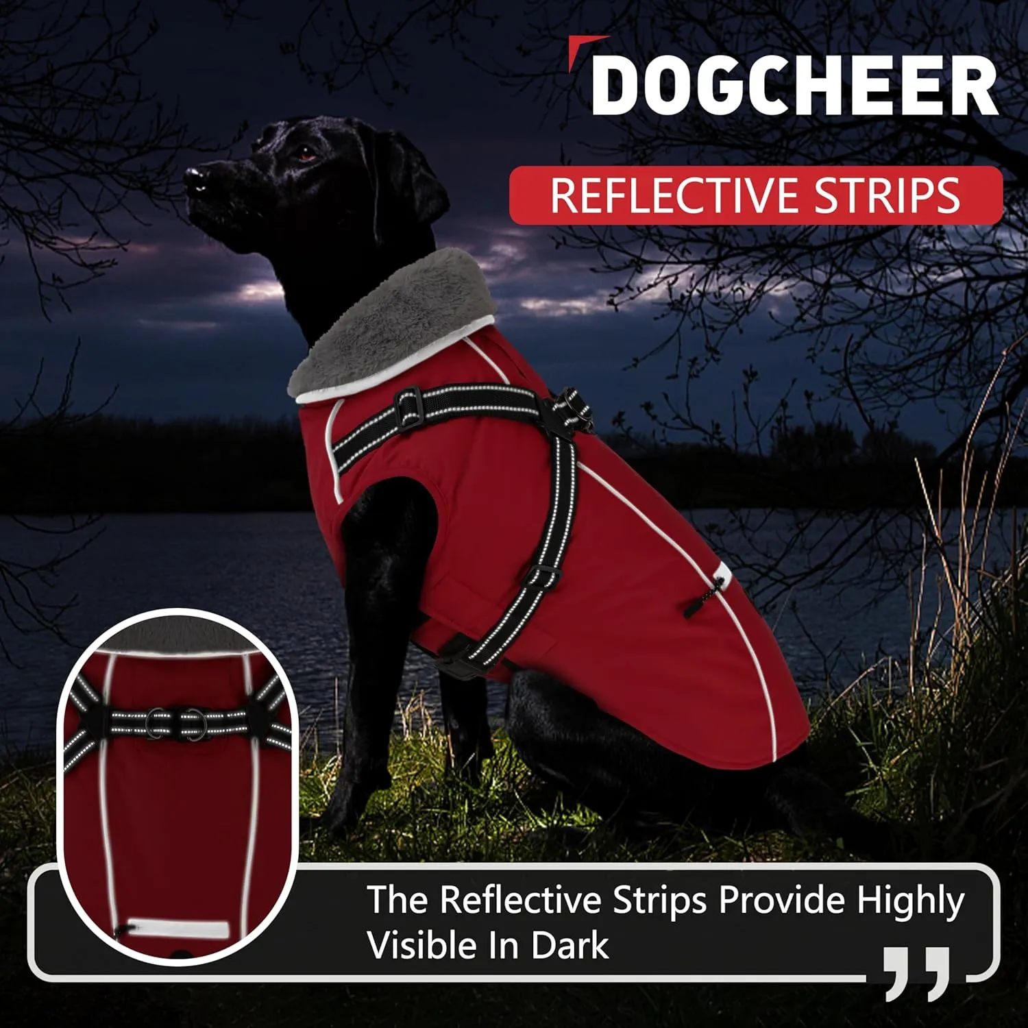 Dogcheer Dog Coat with Harness, Waterproof Dog Jacket Christmas Puppy Winter Coat with Pocket, Reflective Adjustable Pet Turtleneck Fleece Jacket Sweater for Small Medium Large Dogs - Red 3XL