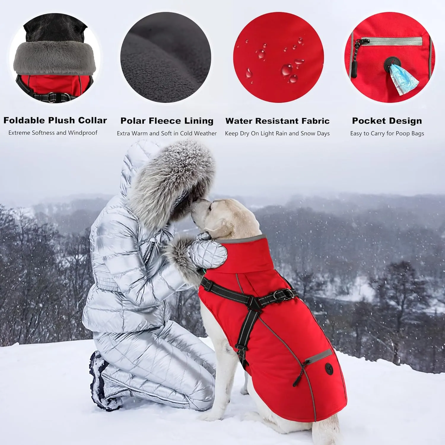 Dogcheer Dog Coat with Harness, Waterproof Dog Jacket Christmas Puppy Winter Coat with Pocket, Reflective Adjustable Pet Turtleneck Fleece Jacket Sweater for Small Medium Large Dogs - Red 3XL