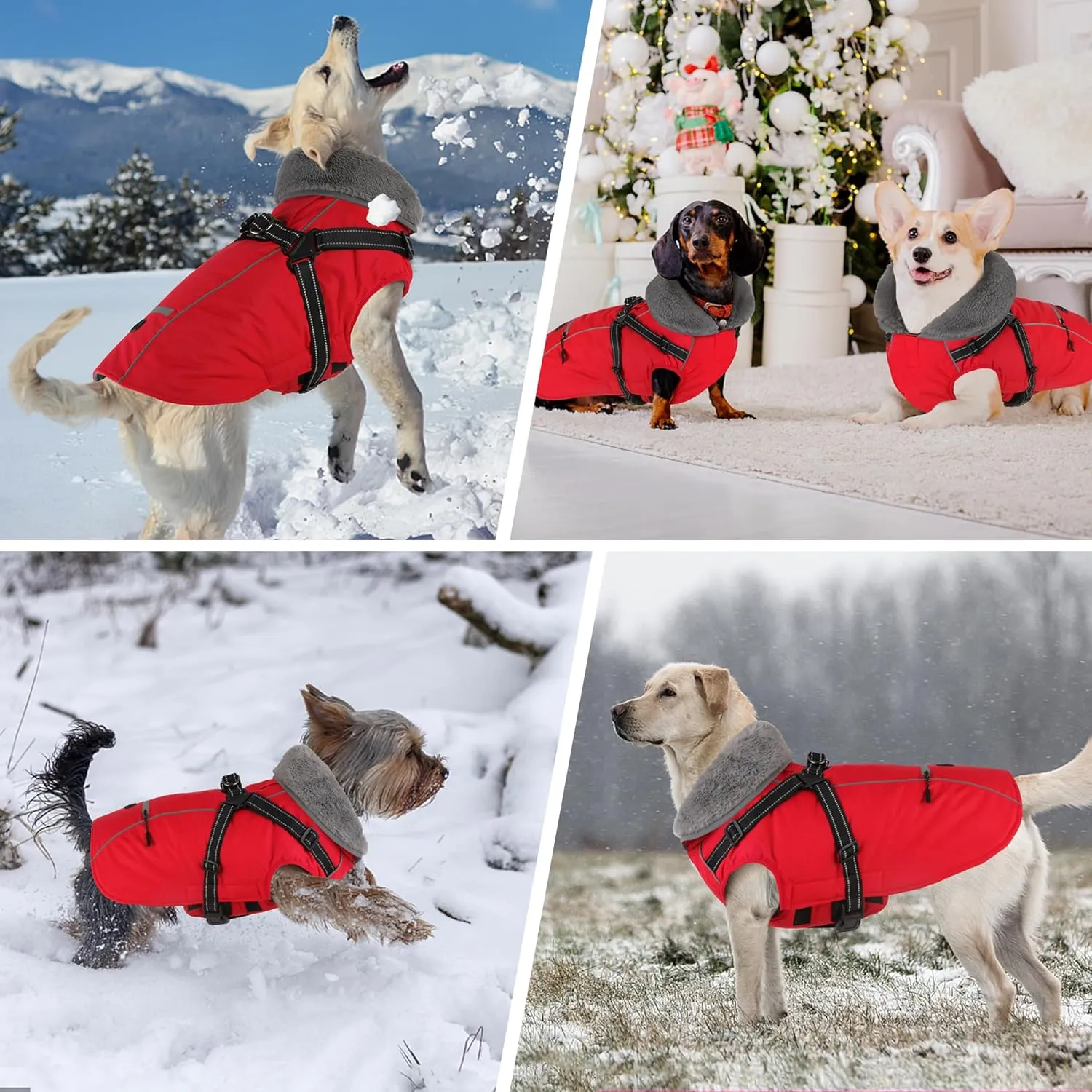 Dogcheer Dog Coat with Harness, Waterproof Dog Jacket Christmas Puppy Winter Coat with Pocket, Reflective Adjustable Pet Turtleneck Fleece Jacket Sweater for Small Medium Large Dogs - Red 3XL