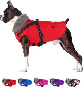 Dogcheer Dog Coat with Harness, Waterproof Dog Jacket Christmas Puppy Winter Coat with Pocket, Reflective Adjustable Pet Turtleneck Fleece Jacket Sweater for Small Medium Large Dogs - Red 3XL