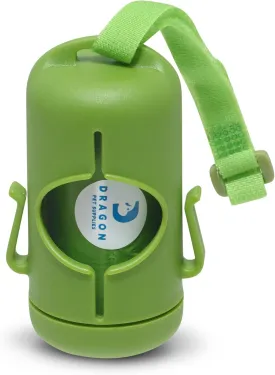 DRAGON Waste Bags Durable Dispenser, Dog poop bags holder with Two Hooks on the side for Used Poop Bags, leash attachment strap and 15 Dog Poop Bags (Green)