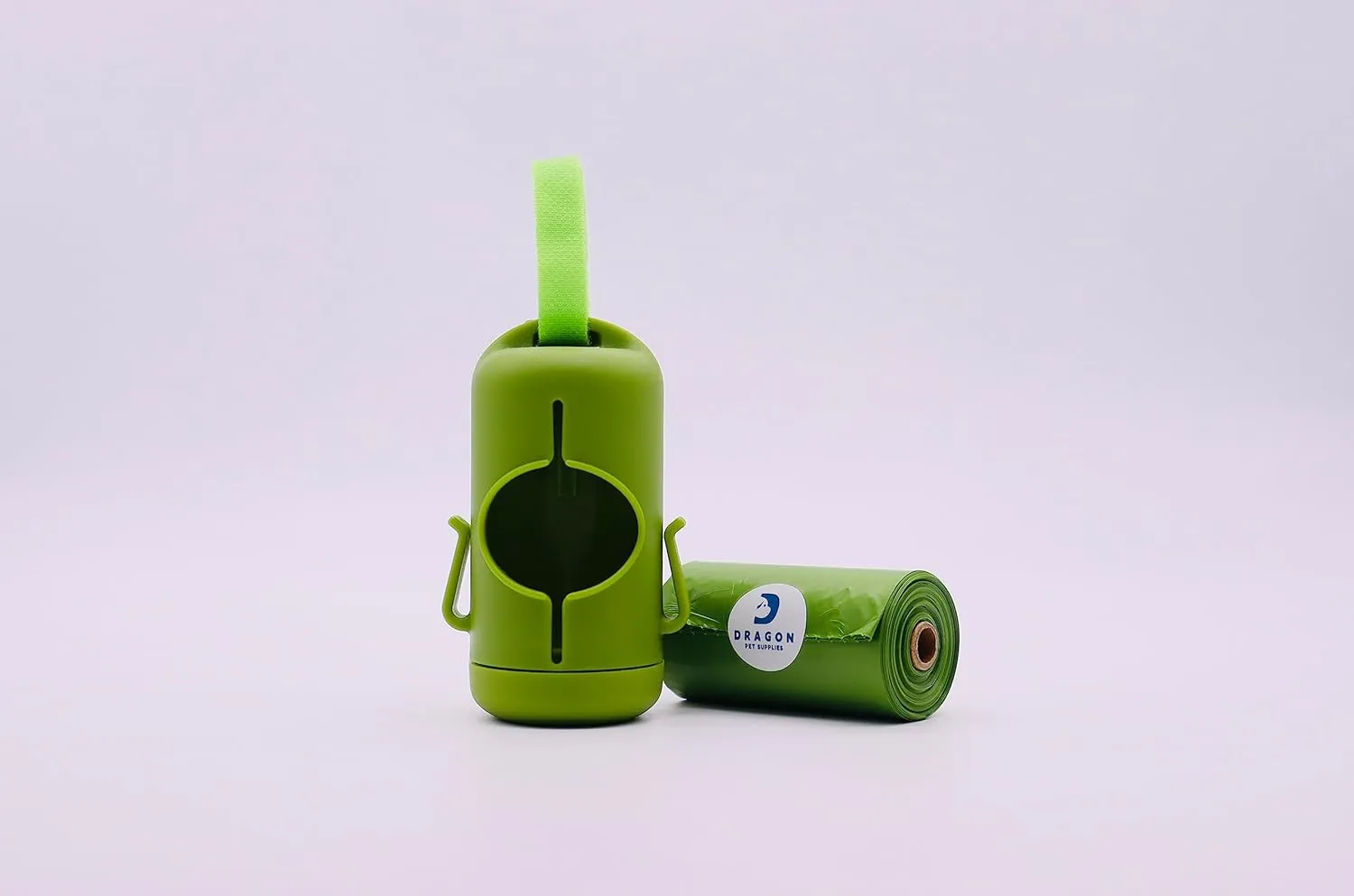 DRAGON Waste Bags Durable Dispenser, Dog poop bags holder with Two Hooks on the side for Used Poop Bags, leash attachment strap and 15 Dog Poop Bags (Green)
