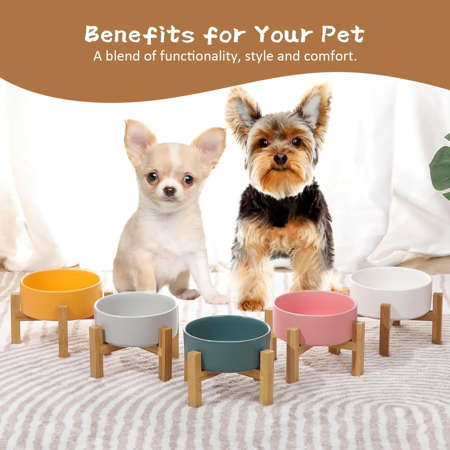 Elevated Ceramic Cat Bowl - Cat Food Bowl with Bamboo Stand - Raised Dog Dish for Puppies - Anti Vomiting, Stress Free - 13.5 oz / 400 ml - Grey