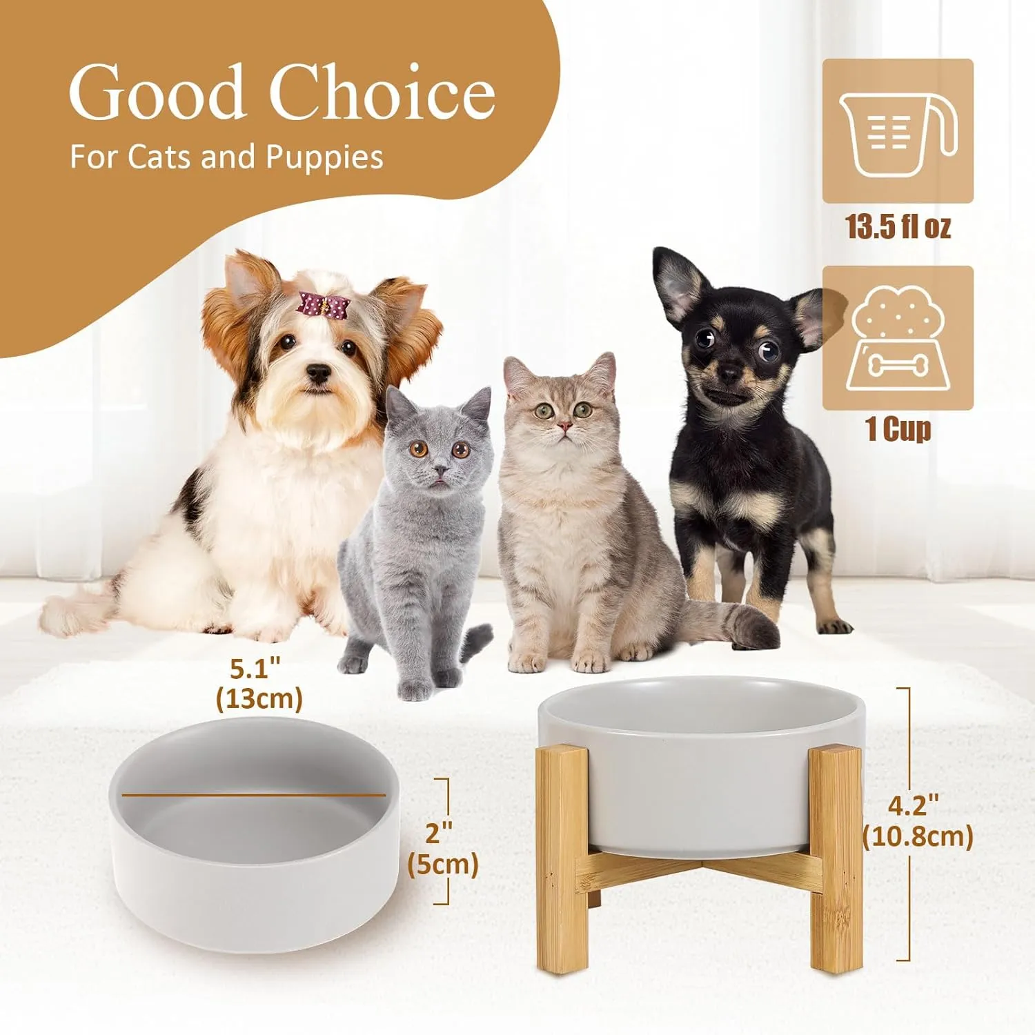 Elevated Ceramic Cat Bowl - Cat Food Bowl with Bamboo Stand - Raised Dog Dish for Puppies - Anti Vomiting, Stress Free - 13.5 oz / 400 ml - Grey