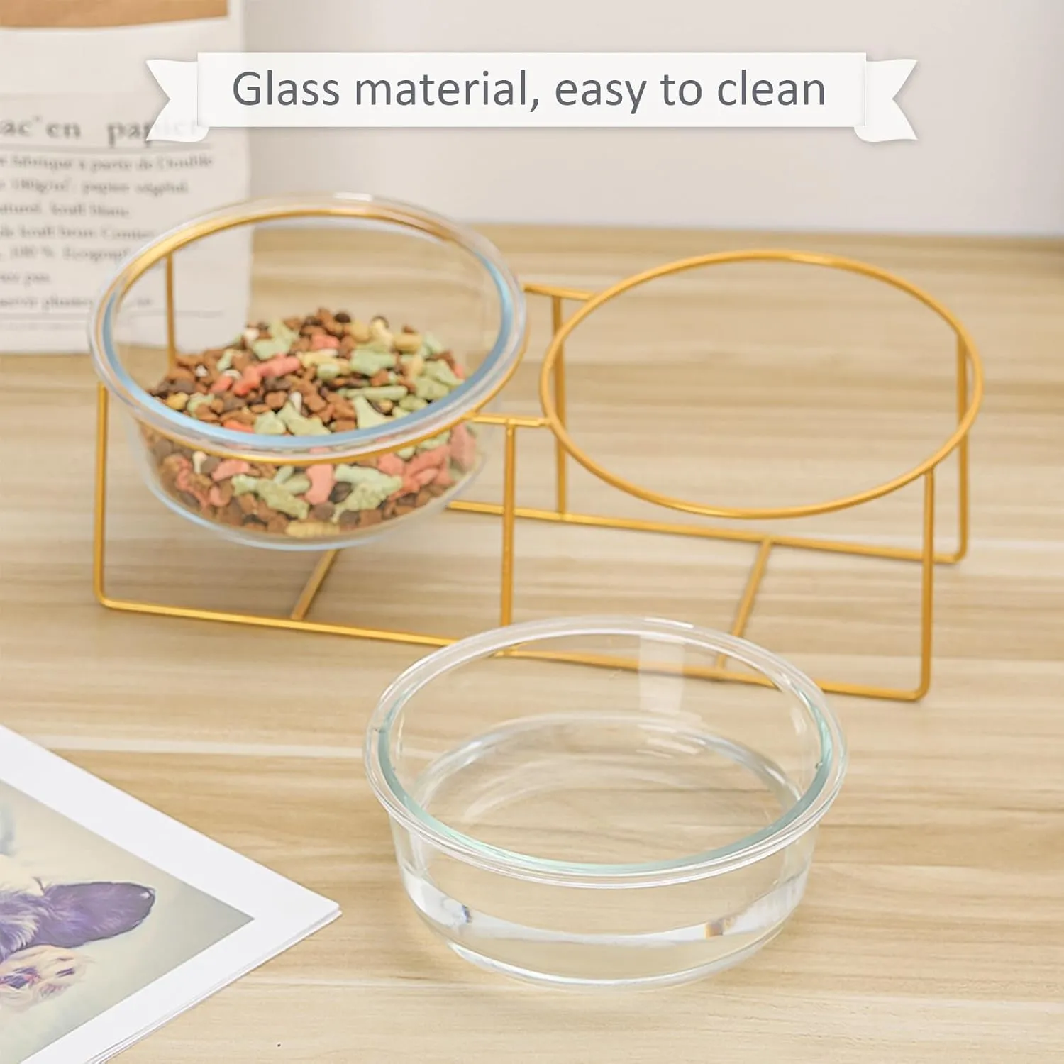 Elevated Dog Bowl Set of 2 - Double Glass Bowls with Gold Iron Stand - Raised Dishes Comfortable Feeding - Ideal for Small to Medium Sized Dogs