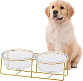 Elevated Dog Bowl Set of 2 - Double Glass Bowls with Gold Iron Stand - Raised Dishes Comfortable Feeding - Ideal for Small to Medium Sized Dogs