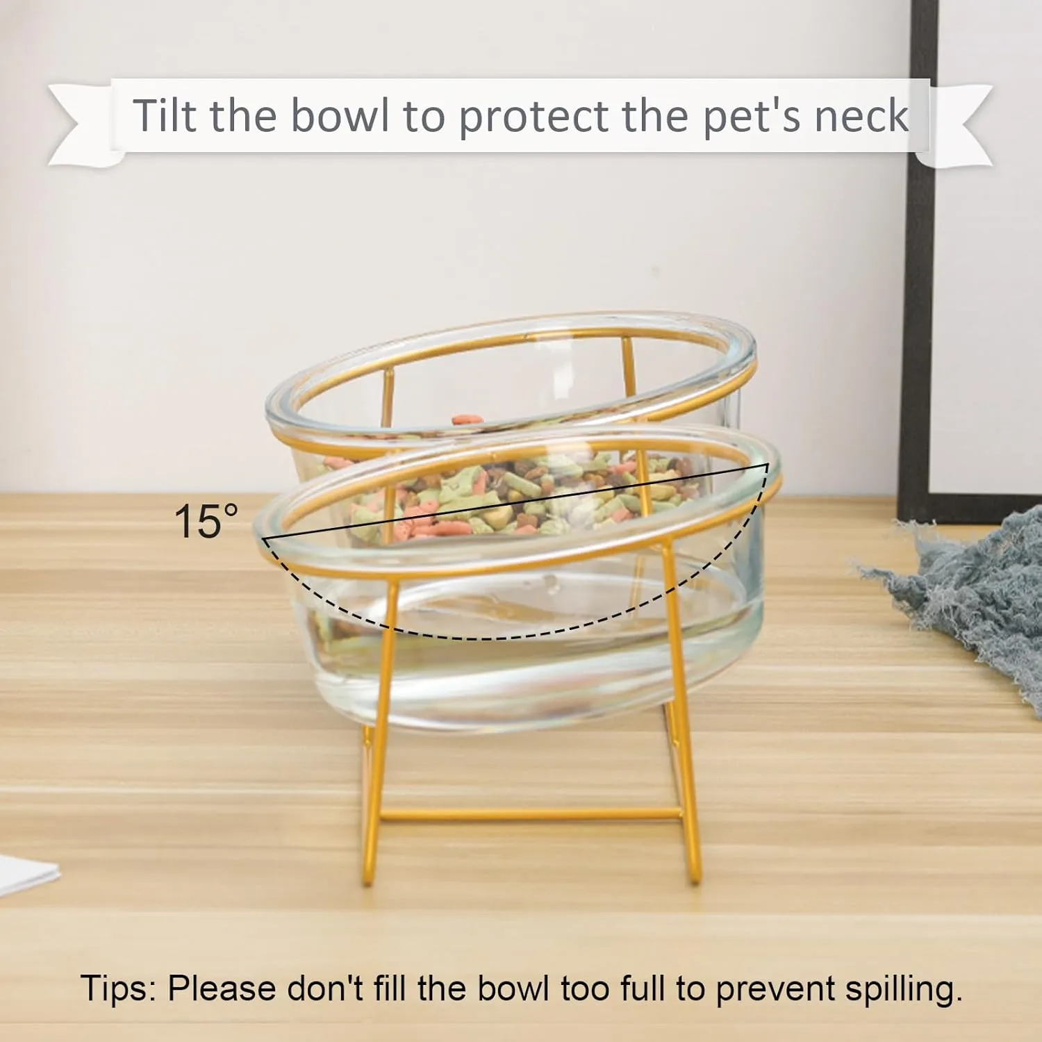 Elevated Dog Bowl Set of 2 - Double Glass Bowls with Gold Iron Stand - Raised Dishes Comfortable Feeding - Ideal for Small to Medium Sized Dogs