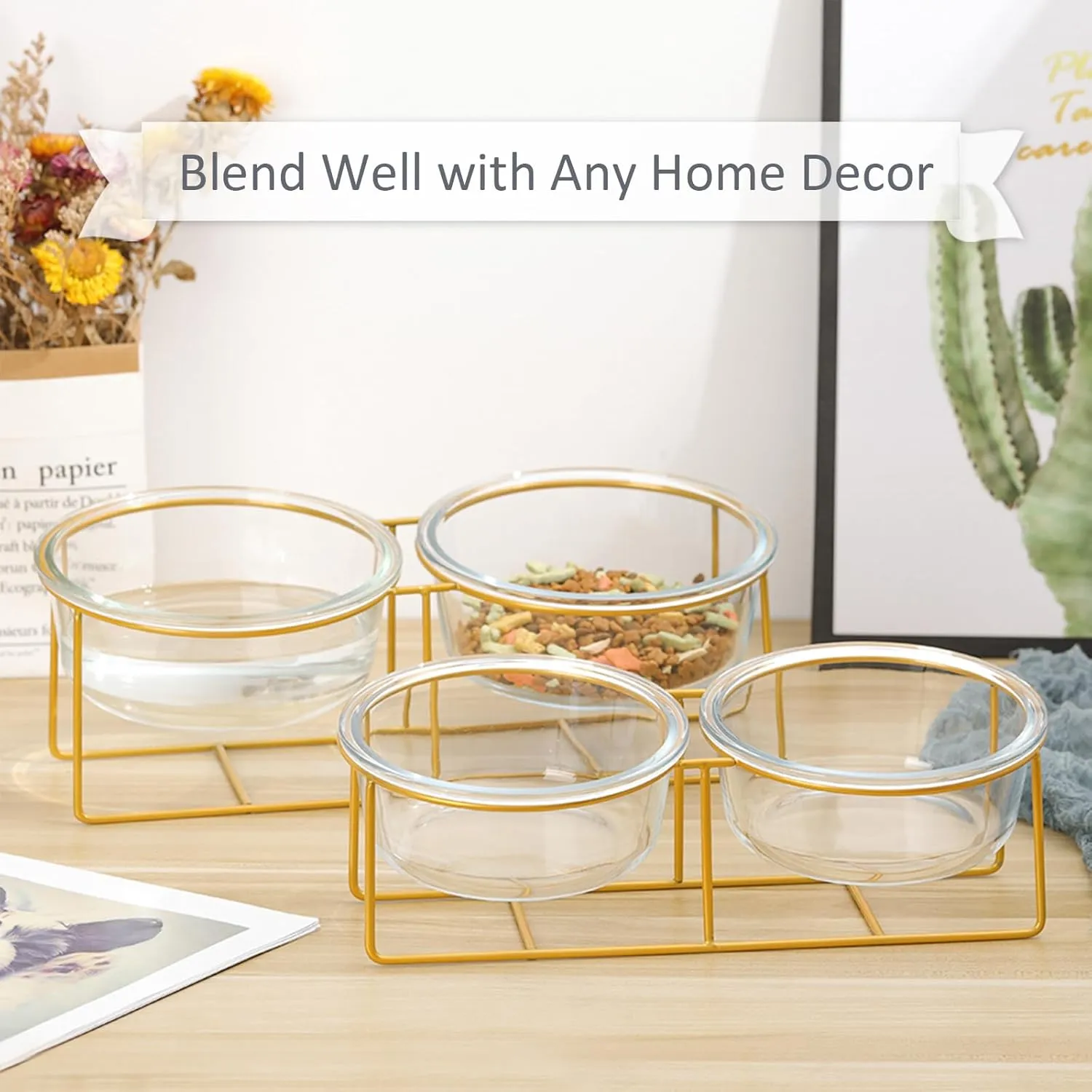 Elevated Dog Bowl Set of 2 - Double Glass Bowls with Gold Iron Stand - Raised Dishes Comfortable Feeding - Ideal for Small to Medium Sized Dogs