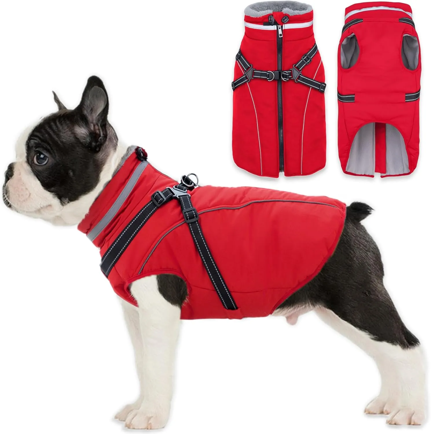 Fragralley Waterproof Dog Coat with Harness, Fleece Lined Warm Puffer Jacket, Adjustable Reflective Windproof Parka for Small Medium Large Dogs