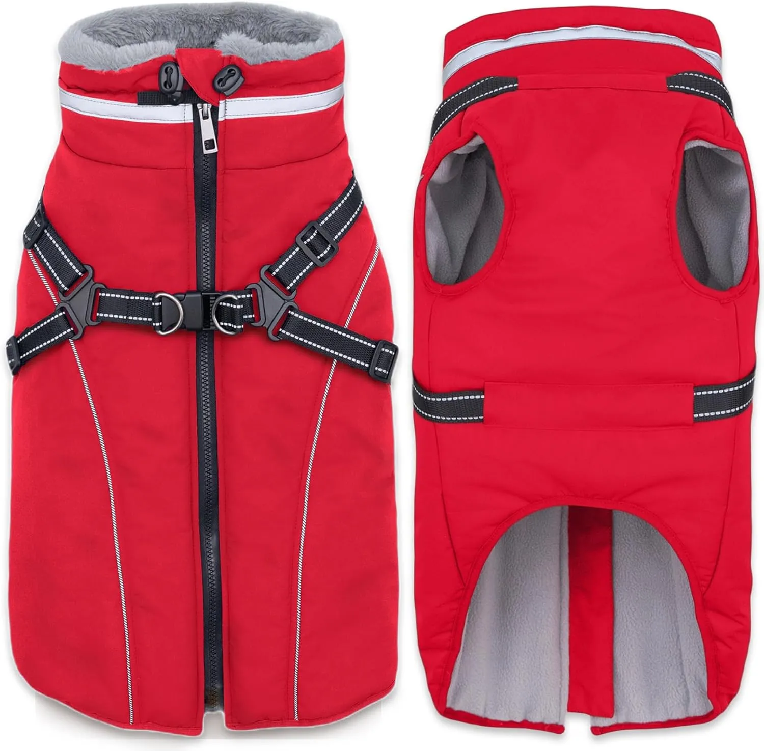 Fragralley Waterproof Dog Coat with Harness, Fleece Lined Warm Puffer Jacket, Adjustable Reflective Windproof Parka for Small Medium Large Dogs
