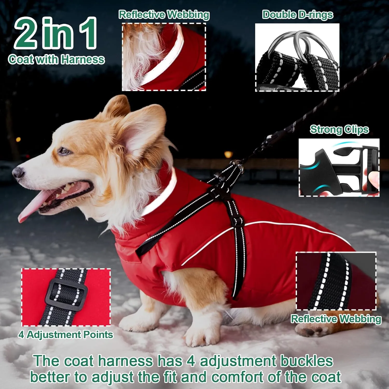 Fragralley Waterproof Dog Coat with Harness, Fleece Lined Warm Puffer Jacket, Adjustable Reflective Windproof Parka for Small Medium Large Dogs