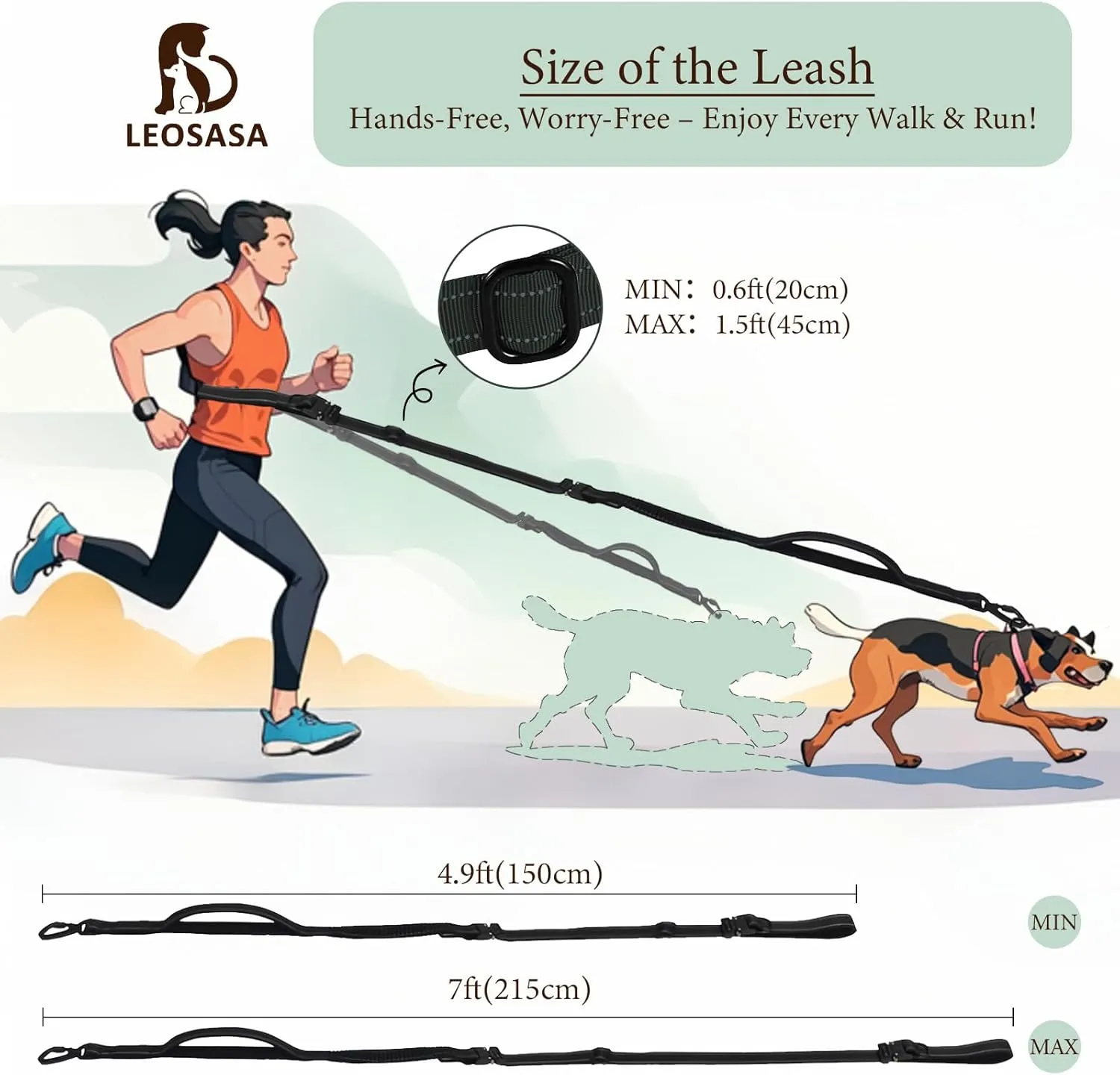 Hands-Free Dog Leash - Tactical Rope with No Pull Bungee Tangle Free Clip, Adjustable Length for Multi-Use, 2-Handle with Reflective Strip, Lead for Hike Run Small Medium Large Pet (Green)