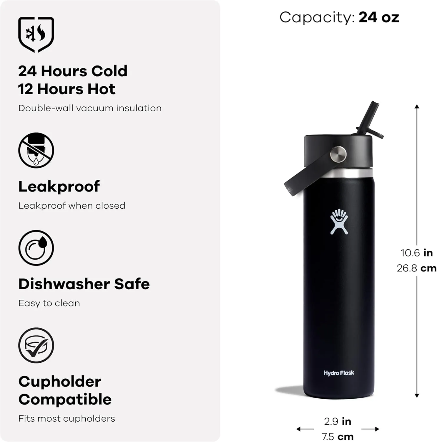 Hydro Flask Water Bottle - Insulated Stainless Steel - Wide Straw Lid, Non Spill, Leakproof in 24 Oz Aloe Green