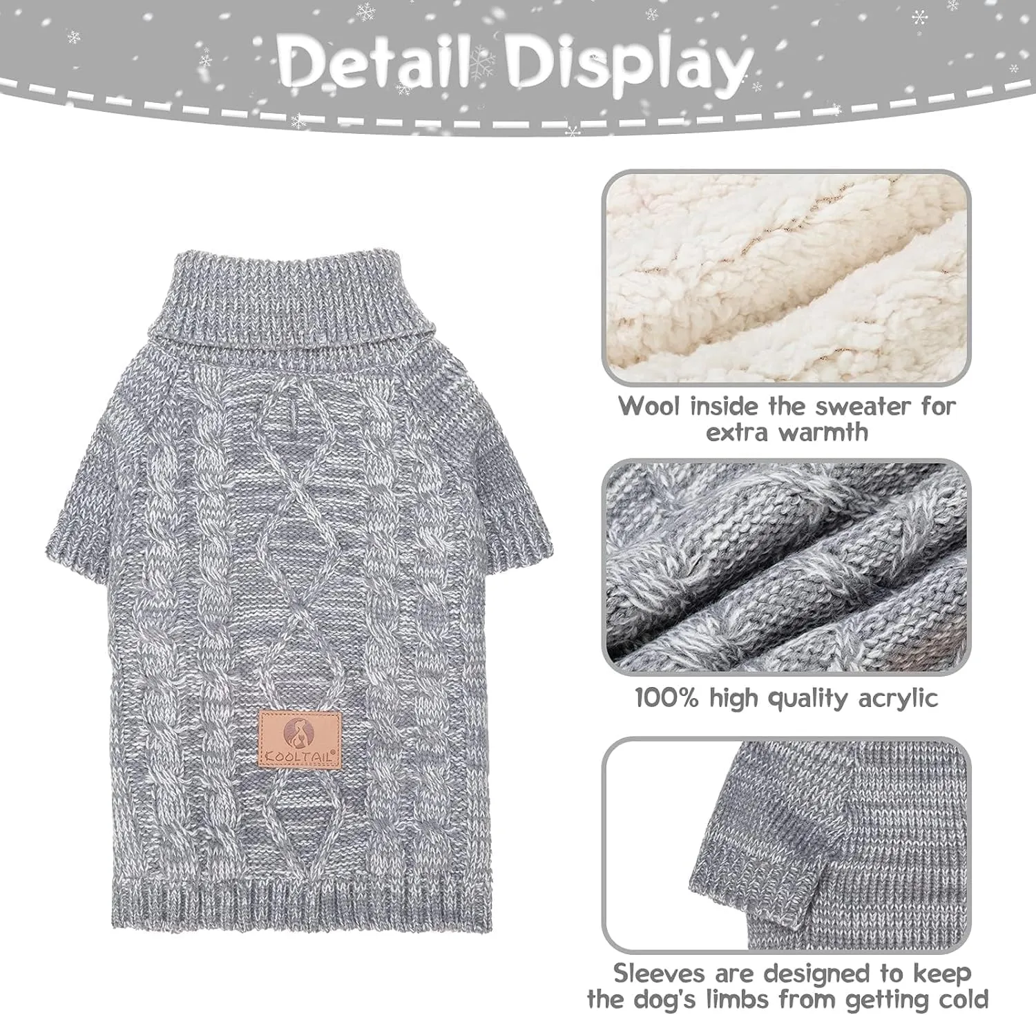 KOOLTAIL Knitted Dog Sweater for Small Medium Large Dogs, Turtleneck Cable Knit Doggy Winter Coat Warm Clothes Sweatshirt Outfits for Cold Weather, Thermal Pullover Pet Jumper for Puppy Cats Gery M