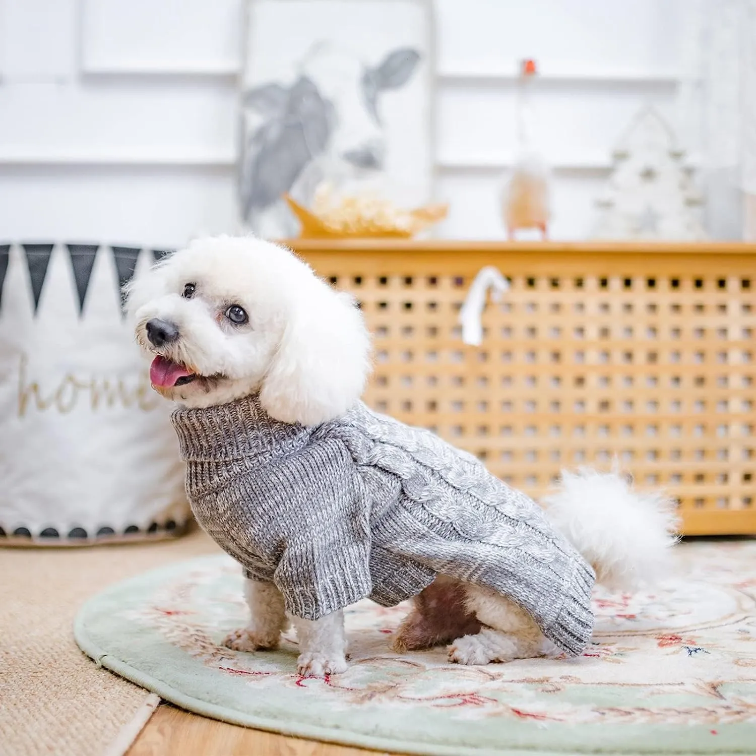 KOOLTAIL Knitted Dog Sweater for Small Medium Large Dogs, Turtleneck Cable Knit Doggy Winter Coat Warm Clothes Sweatshirt Outfits for Cold Weather, Thermal Pullover Pet Jumper for Puppy Cats Gery M