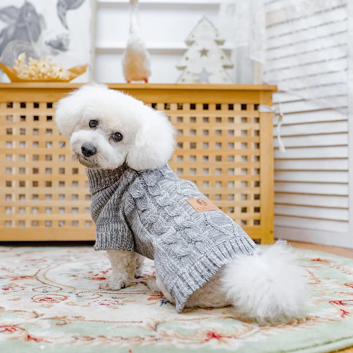 KOOLTAIL Knitted Dog Sweater for Small Medium Large Dogs, Turtleneck Cable Knit Doggy Winter Coat Warm Clothes Sweatshirt Outfits for Cold Weather, Thermal Pullover Pet Jumper for Puppy Cats Gery M