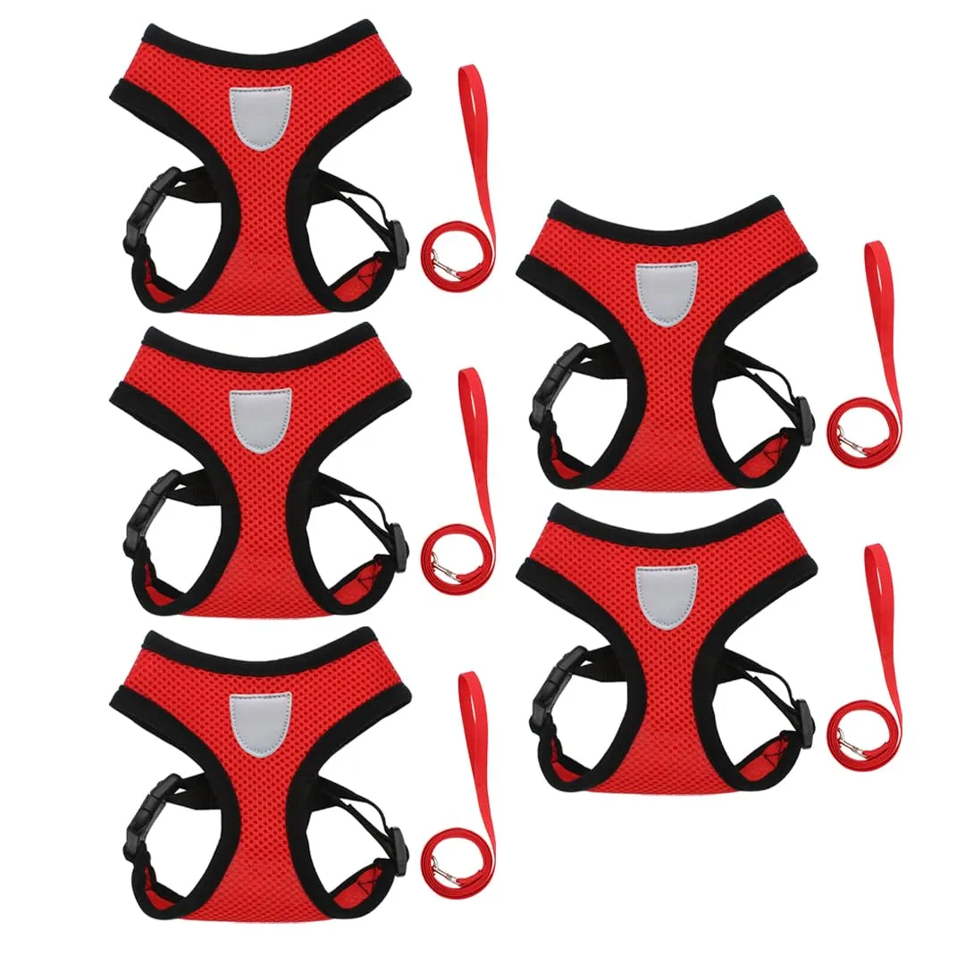 Kuber Industries Reflective Dog Harness with Adjustable Leash|Breathable Polyester Mesh Fabric with Top Carry Handle|Medium Size|HAT-818|Comfortable No-Pull Grip|Quick Release Buckles|Red (Pack of 5)
