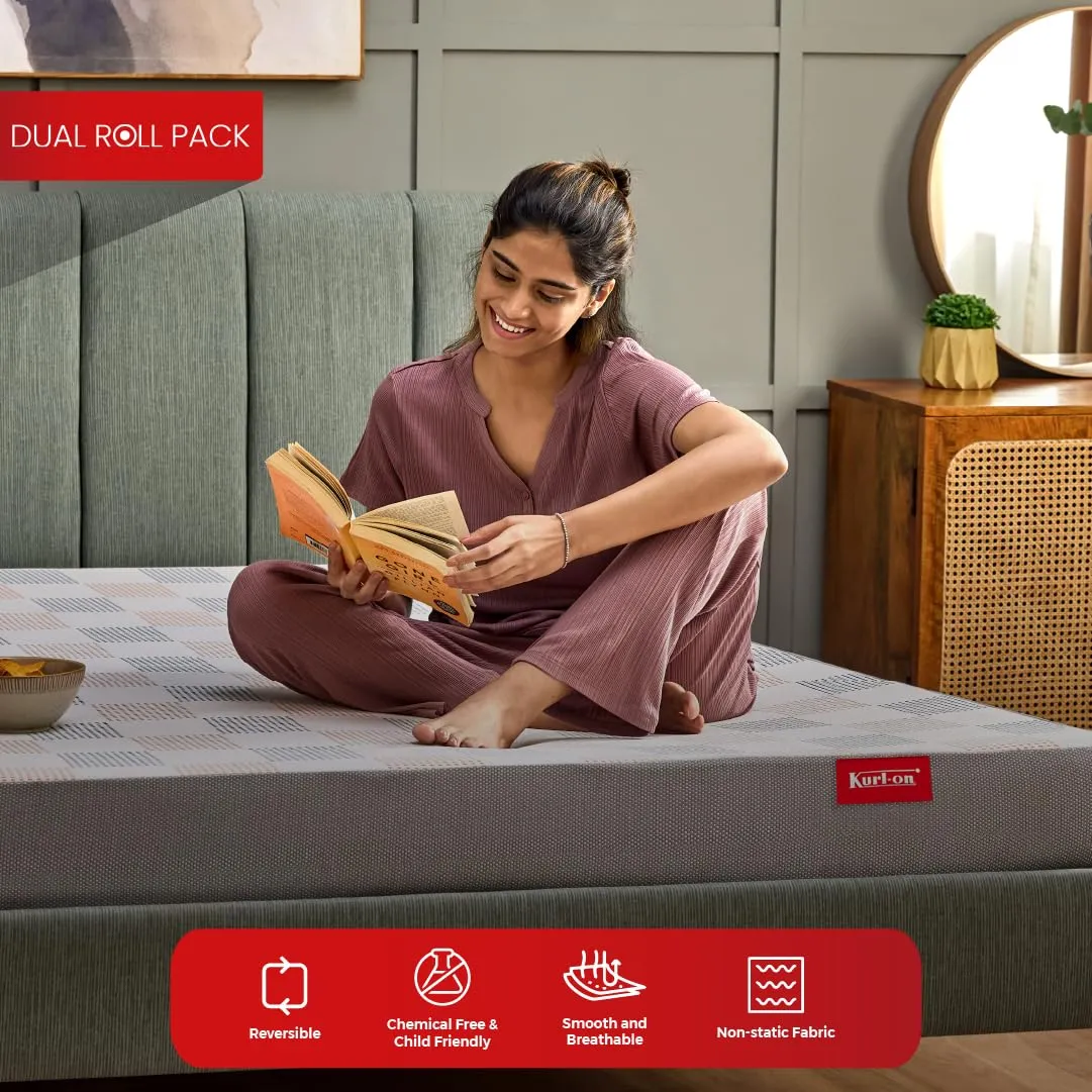 Kurl-On HR Foam Mattress | Dual Roll Pack Mattress | 4-Inch King Size Bed Mattress, (78X72X4 Inches, Soft & Firm Support), Reversible Soft & Firm Sides Mattress