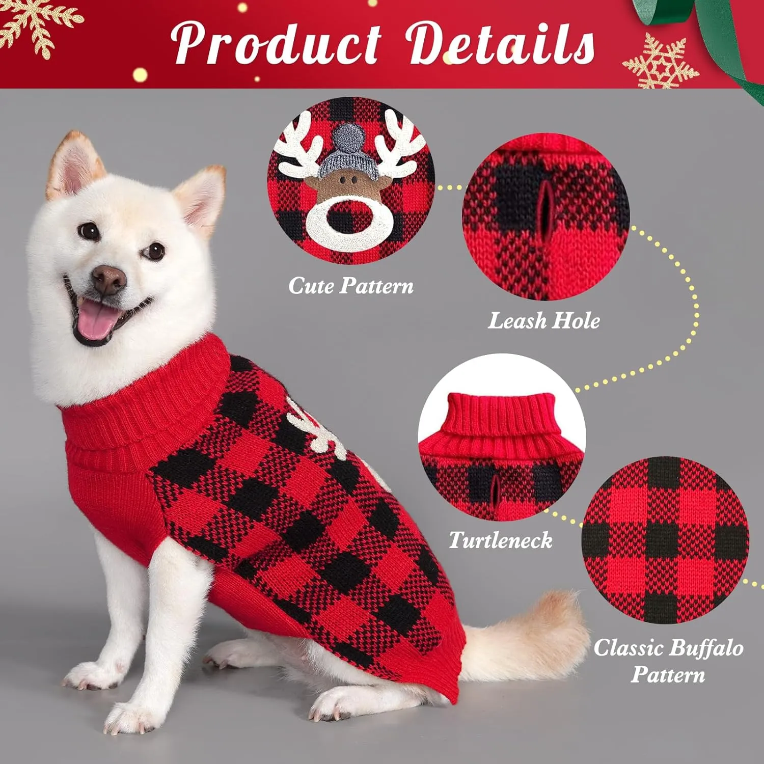 KYEESE Dog Christmas Sweater Reindeer Small Dog Christmas Sweater Red Buffalo Check with Leash Hole Pet Sweater with Dog Christmas Outfit Pet Clothes,M
