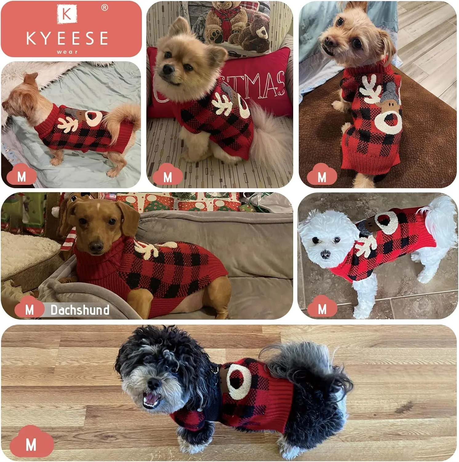 KYEESE Dog Christmas Sweater Reindeer Small Dog Christmas Sweater Red Buffalo Check with Leash Hole Pet Sweater with Dog Christmas Outfit Pet Clothes,M