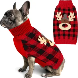 KYEESE Dog Christmas Sweater Reindeer Small Dog Christmas Sweater Red Buffalo Check with Leash Hole Pet Sweater with Dog Christmas Outfit Pet Clothes,M