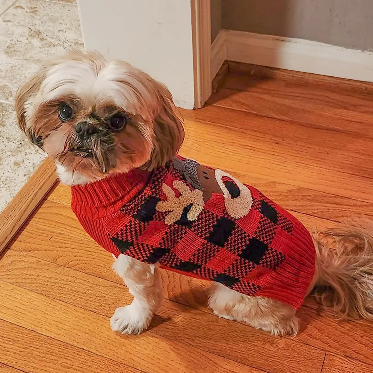 KYEESE Dog Christmas Sweater Reindeer Small Dog Christmas Sweater Red Buffalo Check with Leash Hole Pet Sweater with Dog Christmas Outfit Pet Clothes,M