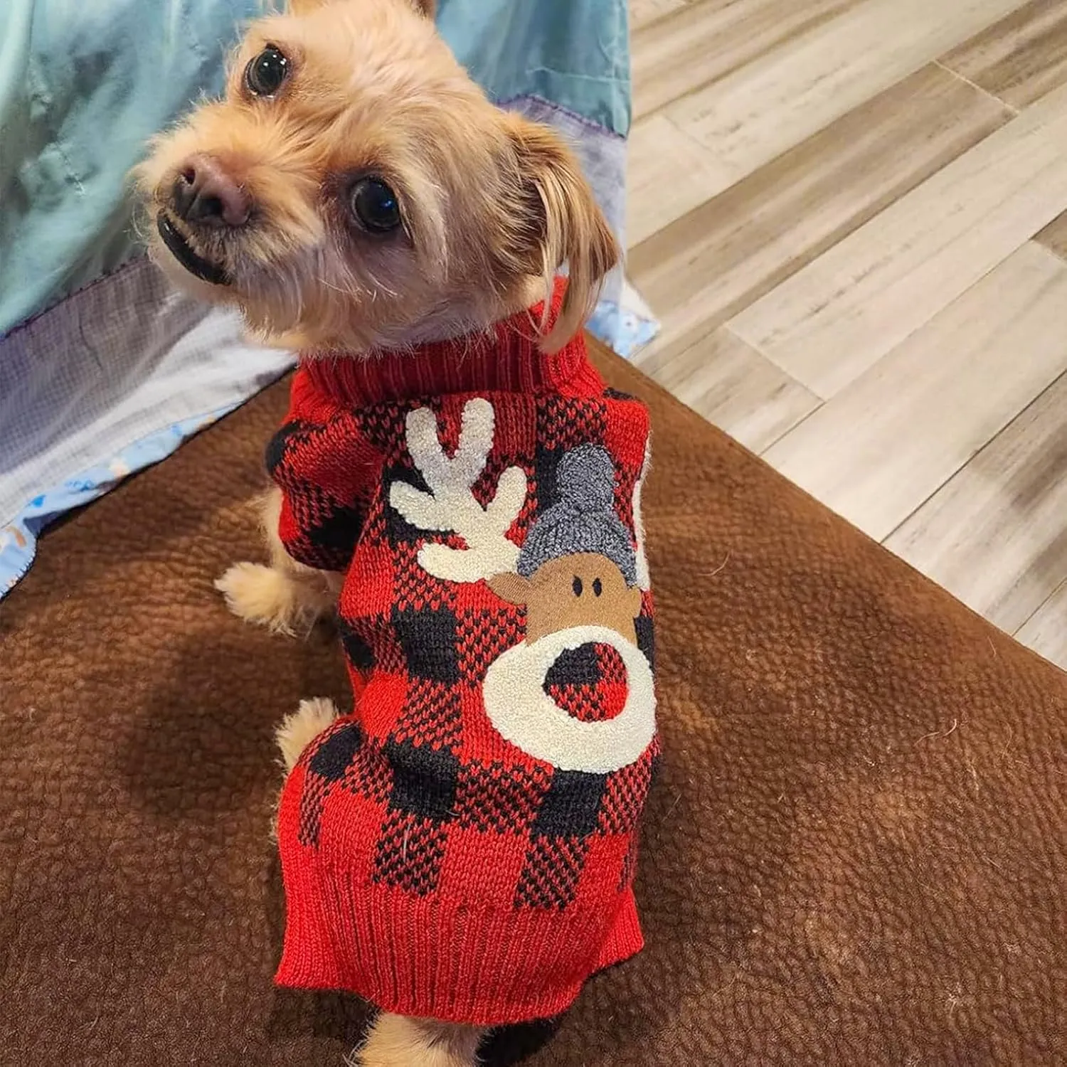 KYEESE Dog Christmas Sweater Reindeer Small Dog Christmas Sweater Red Buffalo Check with Leash Hole Pet Sweater with Dog Christmas Outfit Pet Clothes,M
