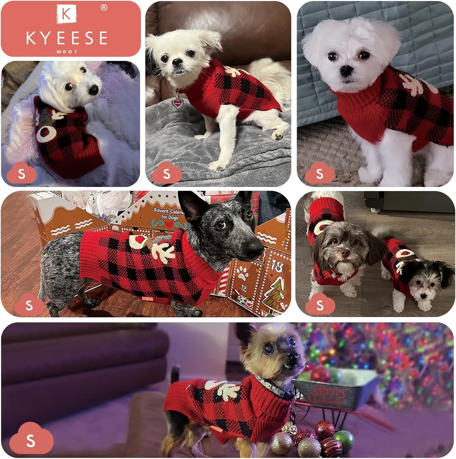 KYEESE Dog Christmas Sweater Reindeer Small Dog Christmas Sweater Red Buffalo Check with Leash Hole Pet Sweater with Dog Christmas Outfit Pet Clothes,M