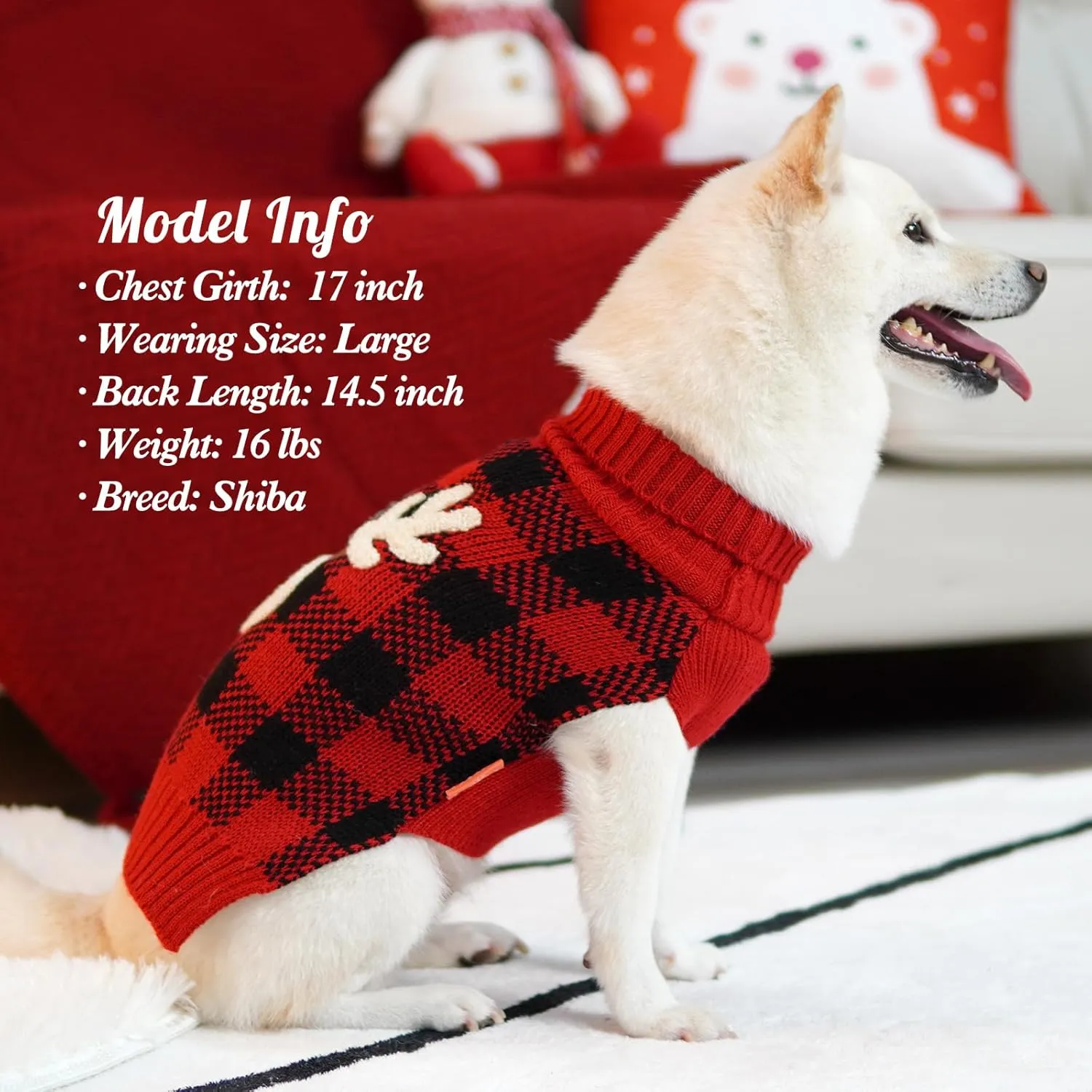 KYEESE Dog Christmas Sweater Reindeer Small Dog Christmas Sweater Red Buffalo Check with Leash Hole Pet Sweater with Dog Christmas Outfit Pet Clothes,M