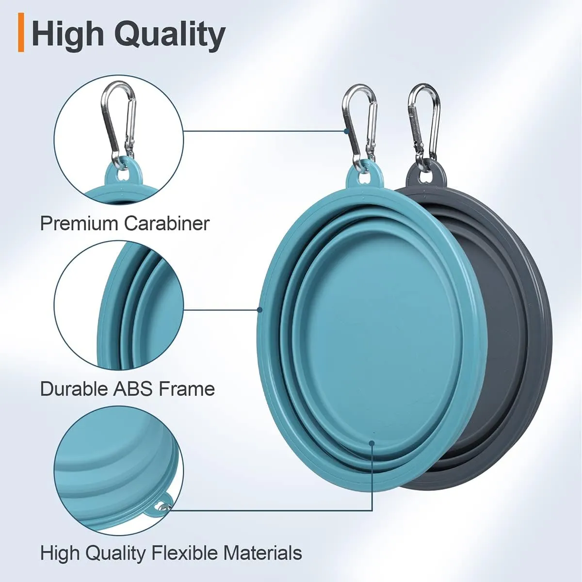 Kytely Collapsible Dog Bowls 2 Pack (650ml) - Portable Travel Pet Food & Water Bowls with Carabiner Clip, Foldable Feeding Dish for Dogs Cats, Hiking Walking Camping (Blue Grey)