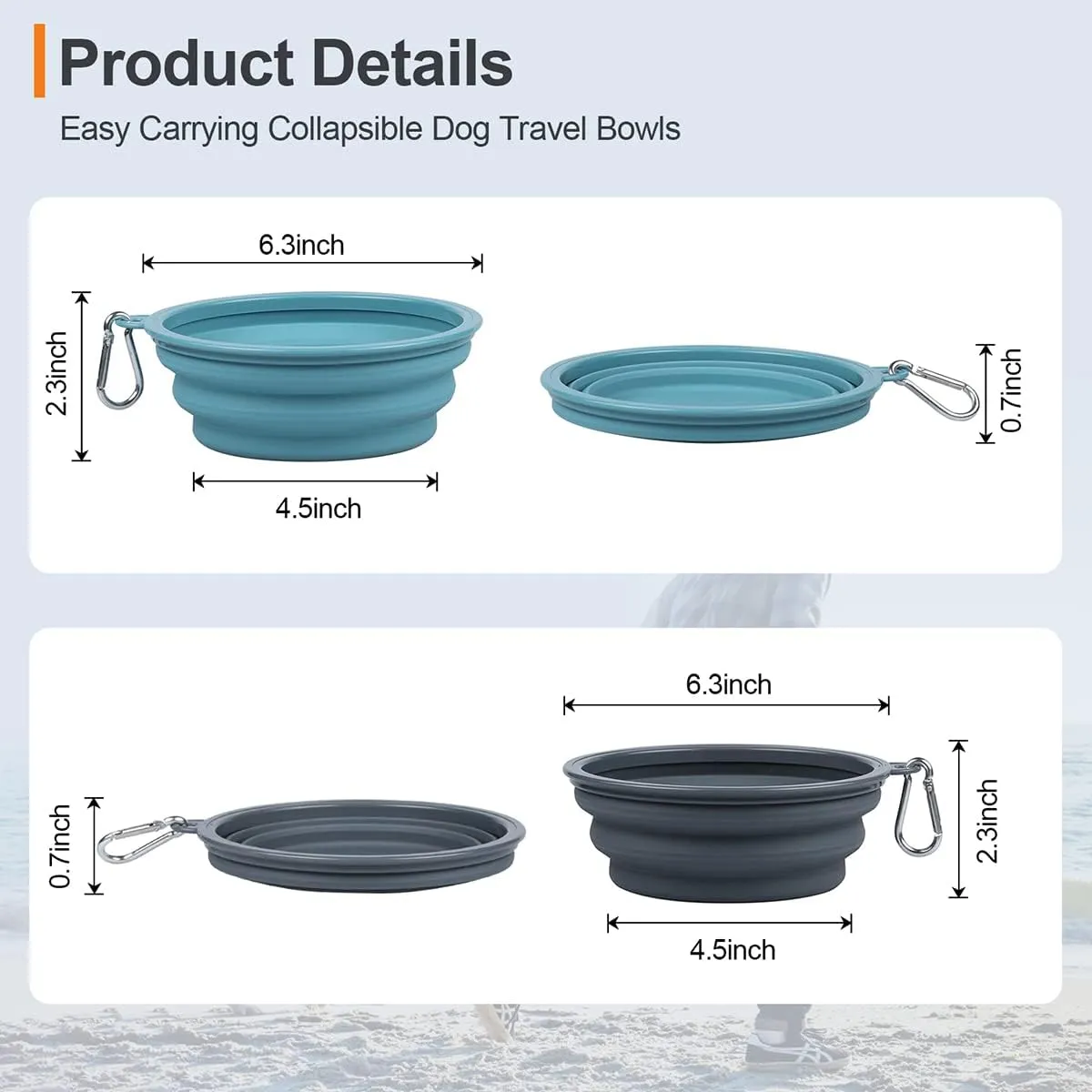 Kytely Collapsible Dog Bowls 2 Pack (650ml) - Portable Travel Pet Food & Water Bowls with Carabiner Clip, Foldable Feeding Dish for Dogs Cats, Hiking Walking Camping (Blue Grey)