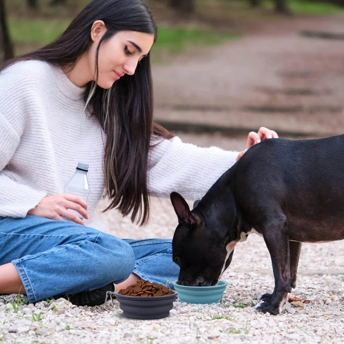 Kytely Collapsible Dog Bowls 2 Pack (650ml) - Portable Travel Pet Food & Water Bowls with Carabiner Clip, Foldable Feeding Dish for Dogs Cats, Hiking Walking Camping (Blue Grey)
