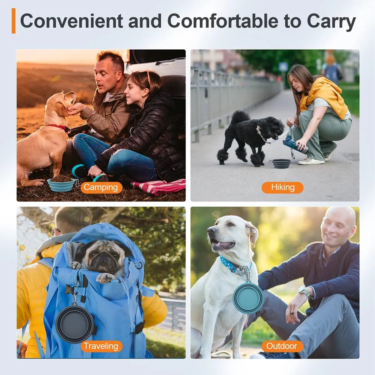 Kytely Collapsible Dog Bowls 2 Pack (650ml) - Portable Travel Pet Food & Water Bowls with Carabiner Clip, Foldable Feeding Dish for Dogs Cats, Hiking Walking Camping (Blue Grey)