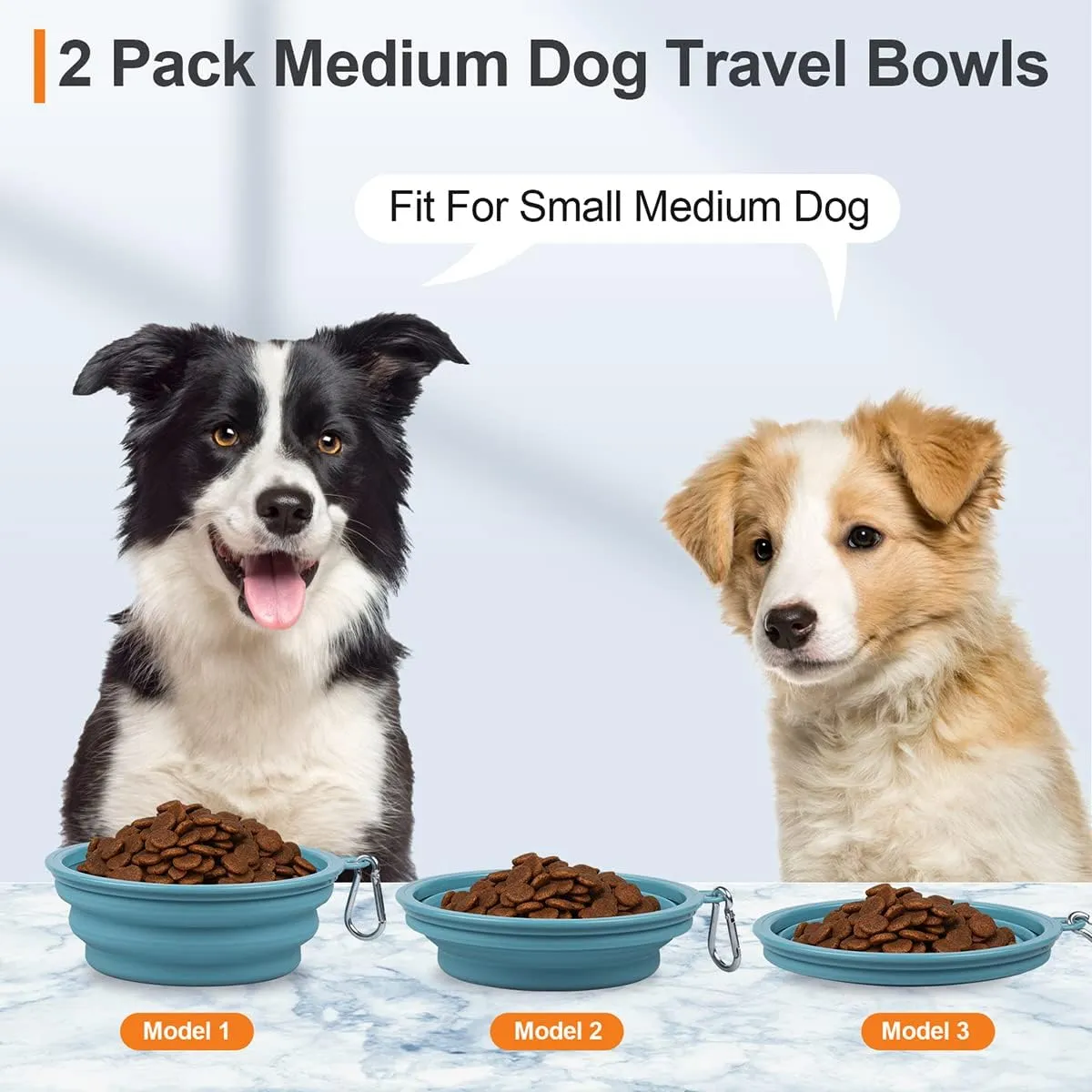 Kytely Collapsible Dog Bowls 2 Pack (650ml) - Portable Travel Pet Food & Water Bowls with Carabiner Clip, Foldable Feeding Dish for Dogs Cats, Hiking Walking Camping (Blue Grey)