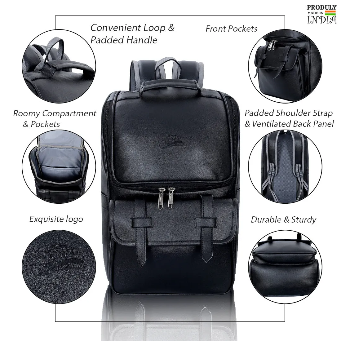 Leather World 14 inch Black Pu Leather Laptop College Casual Backpack Women (BP3081)