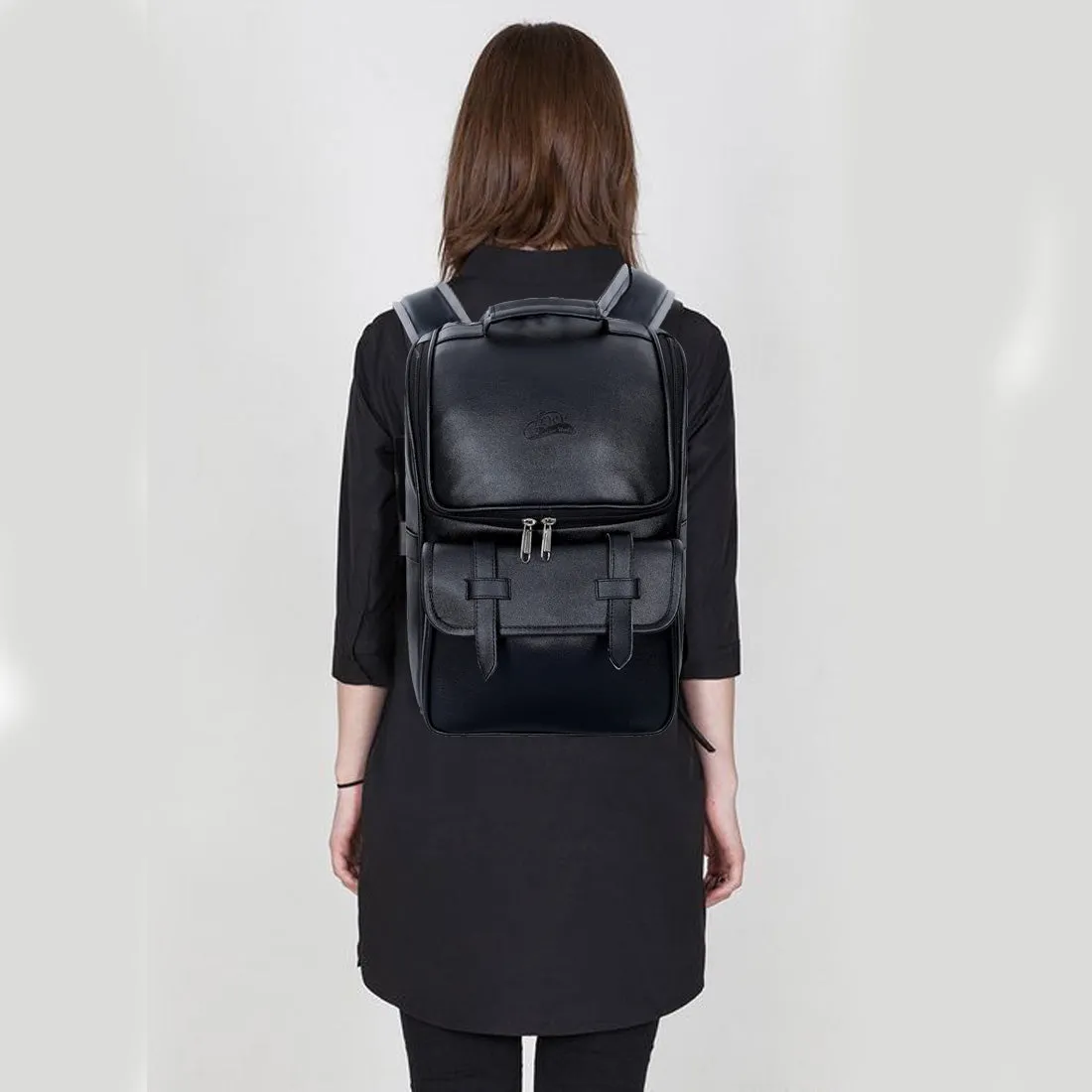 Leather World 14 inch Black Pu Leather Laptop College Casual Backpack Women (BP3081)