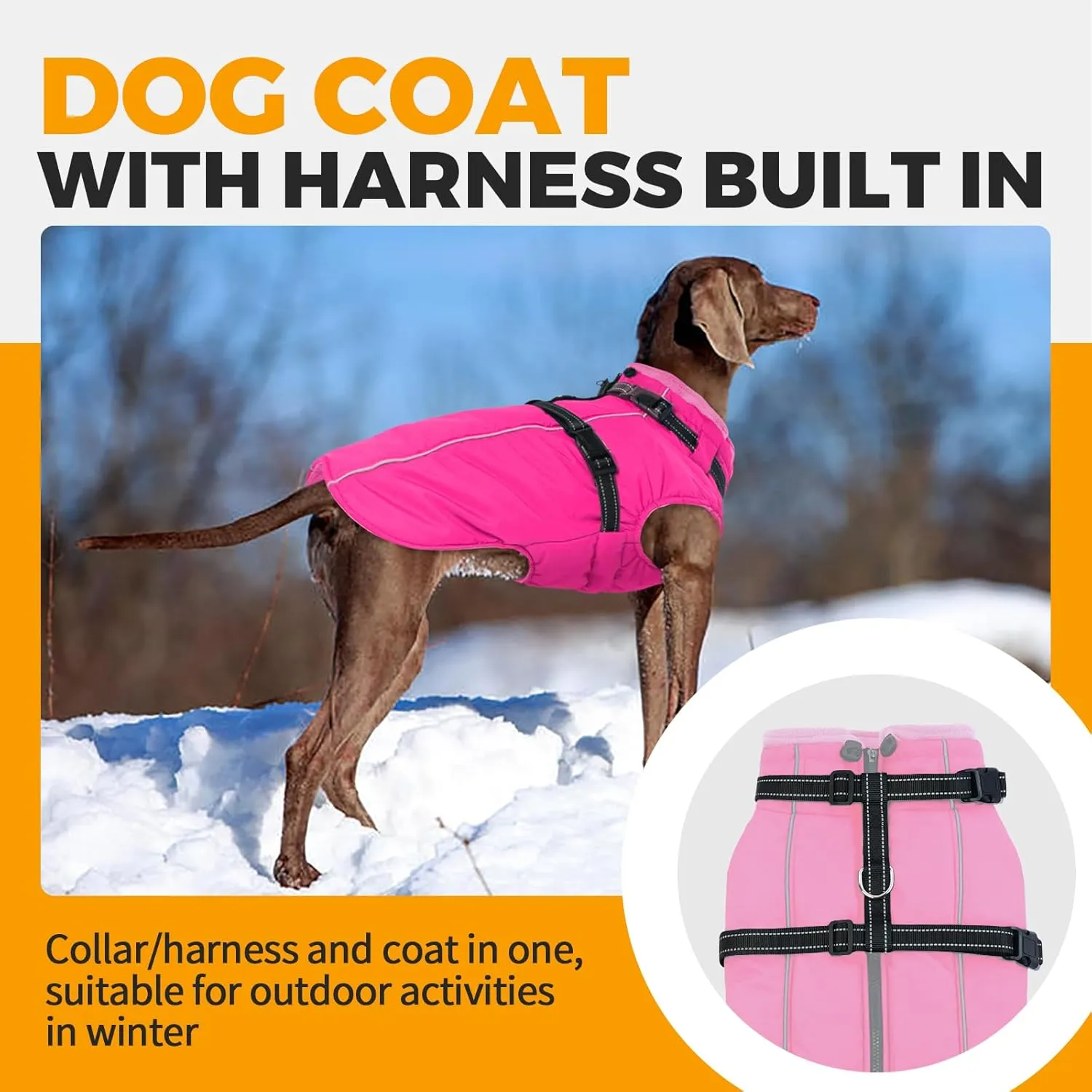 Lelepet Waterproof Dog Jacket with Back Zipper & Harness - Warm Reflective Winter Coat for Small Medium Large Dogs - Thick Fleece Lined Puppy Vest for Outdoor Walking Running, Hiking, Rose Red, M