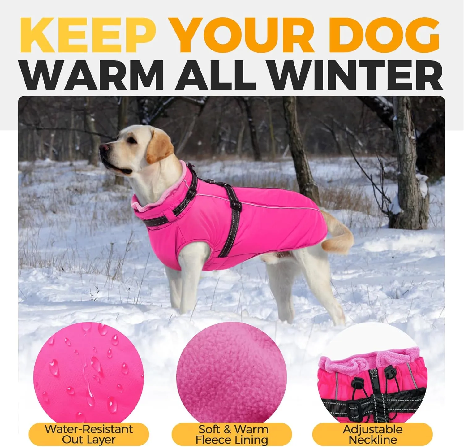 Lelepet Waterproof Dog Jacket with Back Zipper & Harness - Warm Reflective Winter Coat for Small Medium Large Dogs - Thick Fleece Lined Puppy Vest for Outdoor Walking Running, Hiking, Rose Red, M