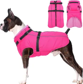 Lelepet Waterproof Dog Jacket with Back Zipper & Harness - Warm Reflective Winter Coat for Small Medium Large Dogs - Thick Fleece Lined Puppy Vest for Outdoor Walking Running, Hiking, Rose Red, M