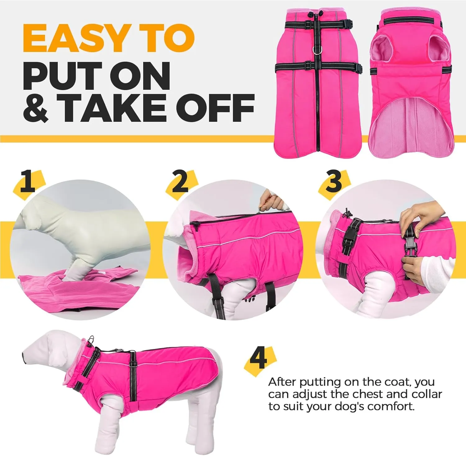 Lelepet Waterproof Dog Jacket with Back Zipper & Harness - Warm Reflective Winter Coat for Small Medium Large Dogs - Thick Fleece Lined Puppy Vest for Outdoor Walking Running, Hiking, Rose Red, M