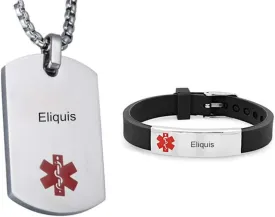 LF Stainless Steel Eliquis Medical Alert Dog Tag ID Pendant Caduceus necklace Set Adjustable Silicone Rubber Chain Medical ID Health Alert Monitoring Systems Jewelry Sets for Men Women