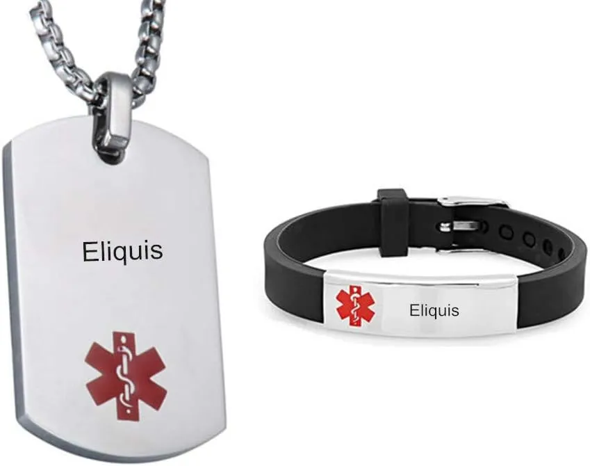LF Stainless Steel Eliquis Medical Alert Dog Tag ID Pendant Caduceus necklace Set Adjustable Silicone Rubber Chain Medical ID Health Alert Monitoring Systems Jewelry Sets for Men Women