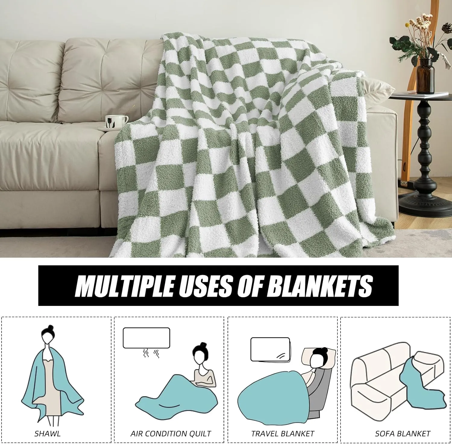 LURKA Checkered Bed Throw Blanket - Soft Cozy Fluffy Throw Blankets for Couch, Sofa, Chair, Bed, Picnic, Travel - Lightweight and Warm Bedding Decor (Green, Throw(50"x60"))