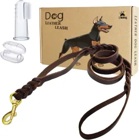 LWBMG Double Handle Leather Dog Leash 6 Foot - Heavy Duty Dog Leash with Traffic Handle - Braided Leather Lead for Small Medium Large Dogs