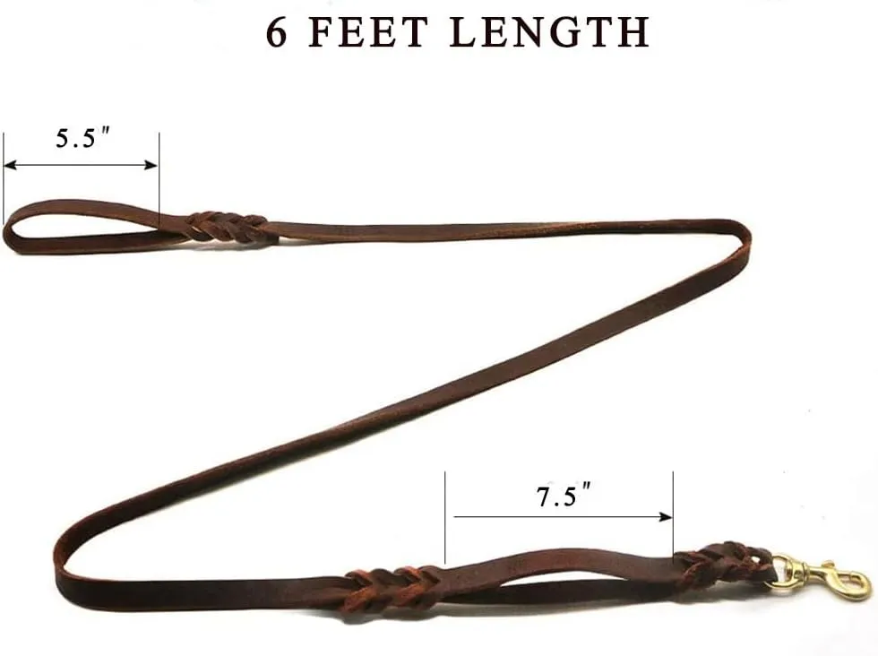 LWBMG Double Handle Leather Dog Leash 6 Foot - Heavy Duty Dog Leash with Traffic Handle - Braided Leather Lead for Small Medium Large Dogs