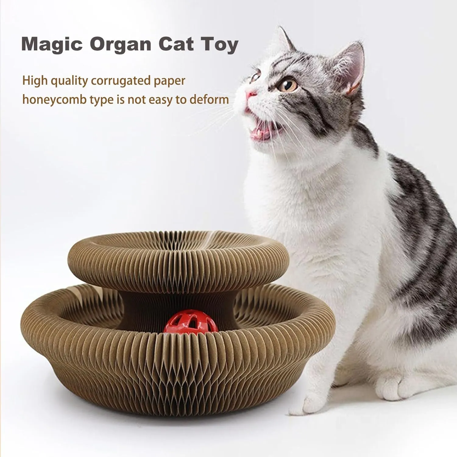 Magic Organ Cat Scratching Board | Foldable & Recyclable Cardboard Cat Toy with Bell Ball | Scratch-Resistant, Durable Cat Scratcher for Indoor Cats | Kitty Curlz Multi-Shape Anxiety Relief Toy (1pc)