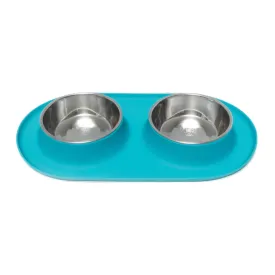 Messy Mutts Double Silicone Feeder with Stainless Bowls, Teal Blue