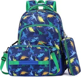 MIRLEWAIY Kids Backpack for Boys Girls School Elementary Student with Insulated Lunch Bag Pencil Case, Dinosaur Backpack Set