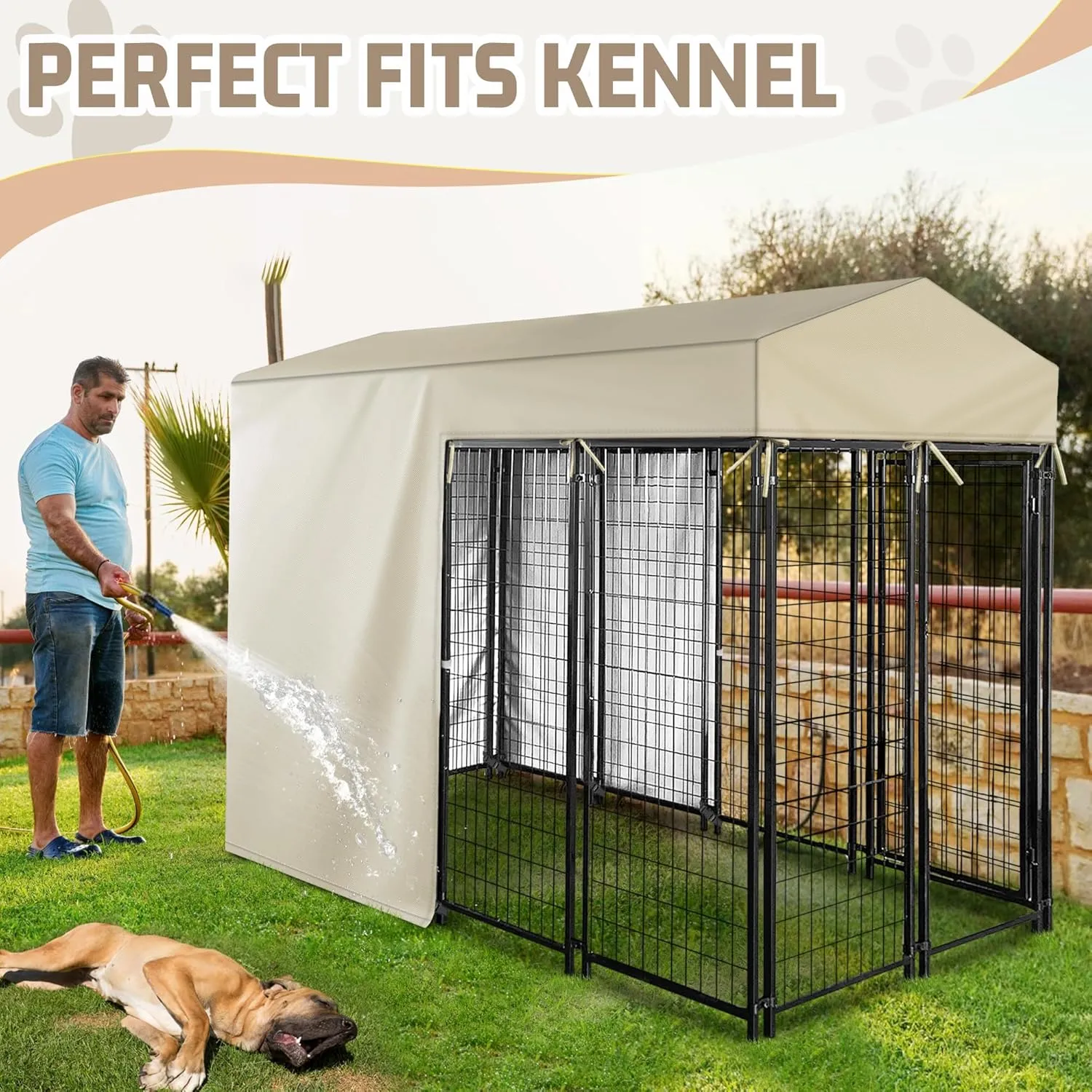 Outdoor Dog Kennel Cover Half Coverage for 8'Dx4'Wx6'H 600D Heavy Duty Waterproof Kennel Covers for Dog Cages(Cover Only) Khaki